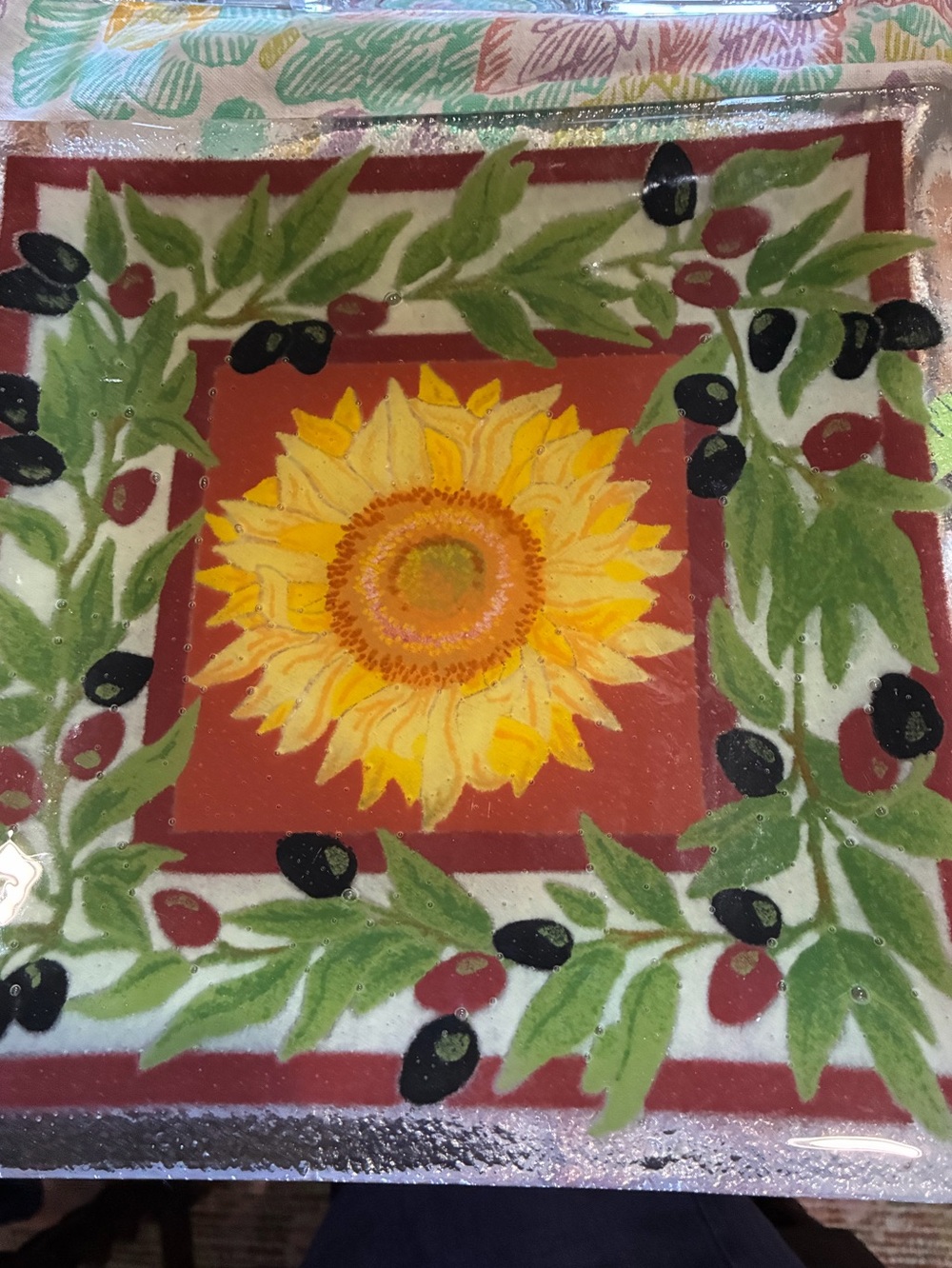 Vintage Peggy Kerr “Tuscany Sunflower” fused glass plate made in 2003. 10”x10”EC